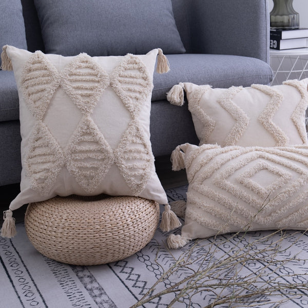 Housse de coussin à pompons surpiquée 45x 45 cm / 30x50 cm beige