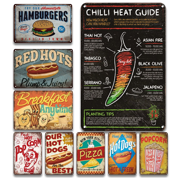 US Food plaque émaillées vintage Chili Popcorn Hot Dog
